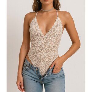 Y2K Ivory Lace Bodysuit Sz Large Plunge V-Neck Strappy Crisscross Back Romantic